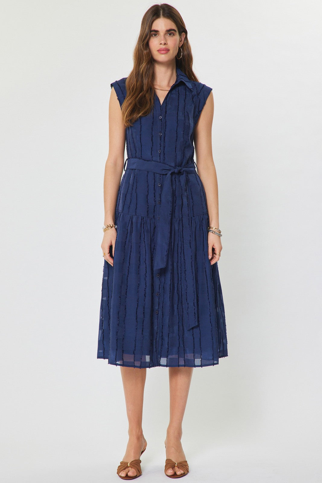 NYLAND Amaya Textured Checkered Button Down Sleeveless Midi Dress