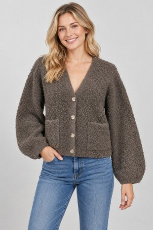 NYLAND Bouclé Balloon-Sleeve Cardigan brown
