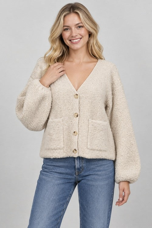 NYLAND Bouclé Balloon-Sleeve Cardigan oatmeal
