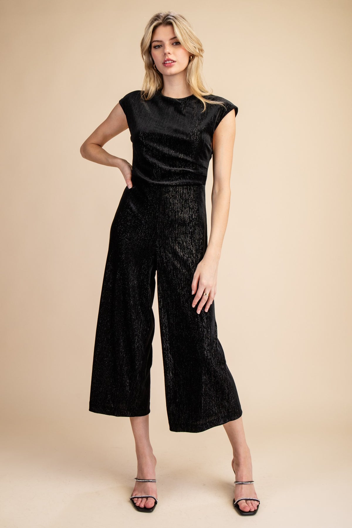 NYLAND Claudine Round Neck Waist Pleats Velvet Jumpsuit Black