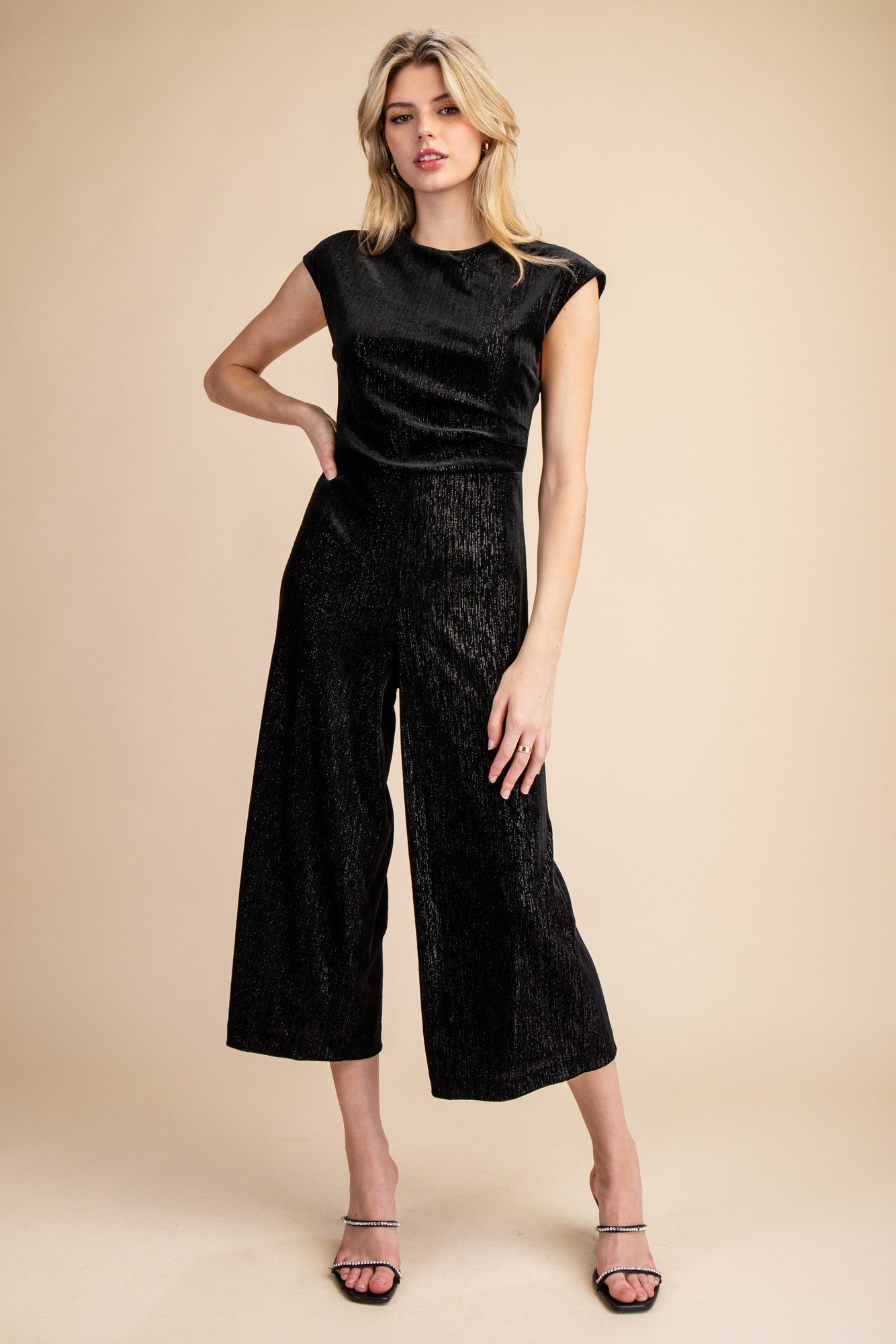 NYLAND Claudine Round Neck Waist Pleats Velvet Jumpsuit Black