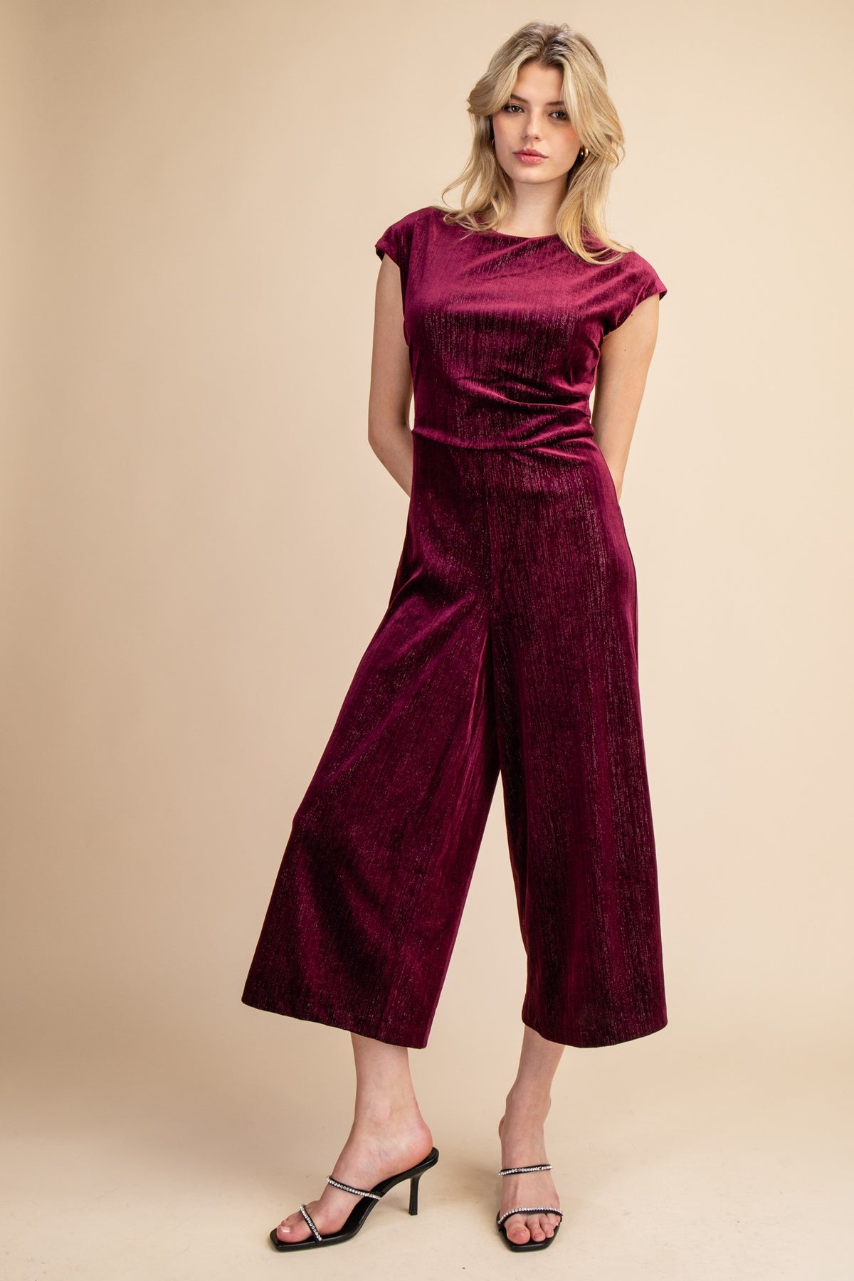 NYLAND Claudine Round Neck Waist Pleats Velvet Jumpsuit Plum