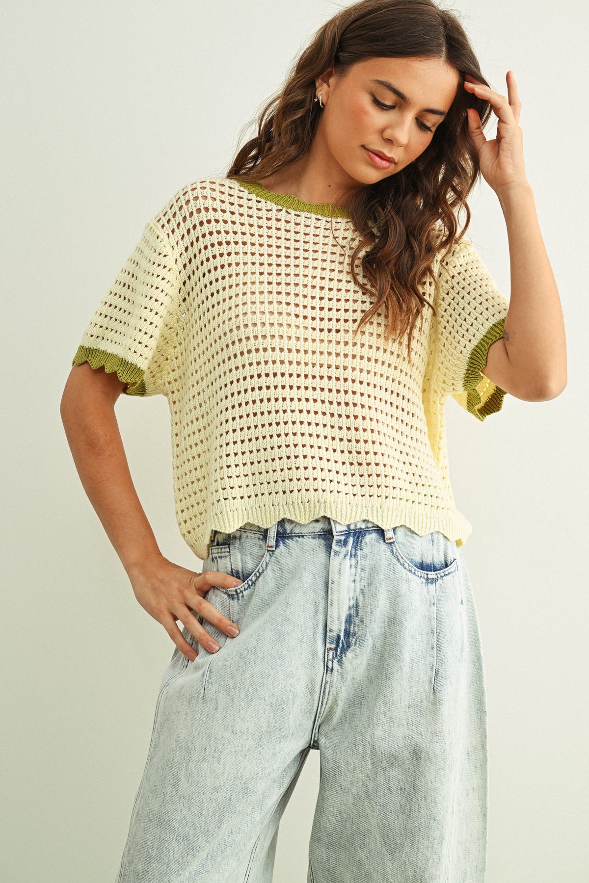 NYLAND Eliska Scalloped Knitted Top Cream Sage