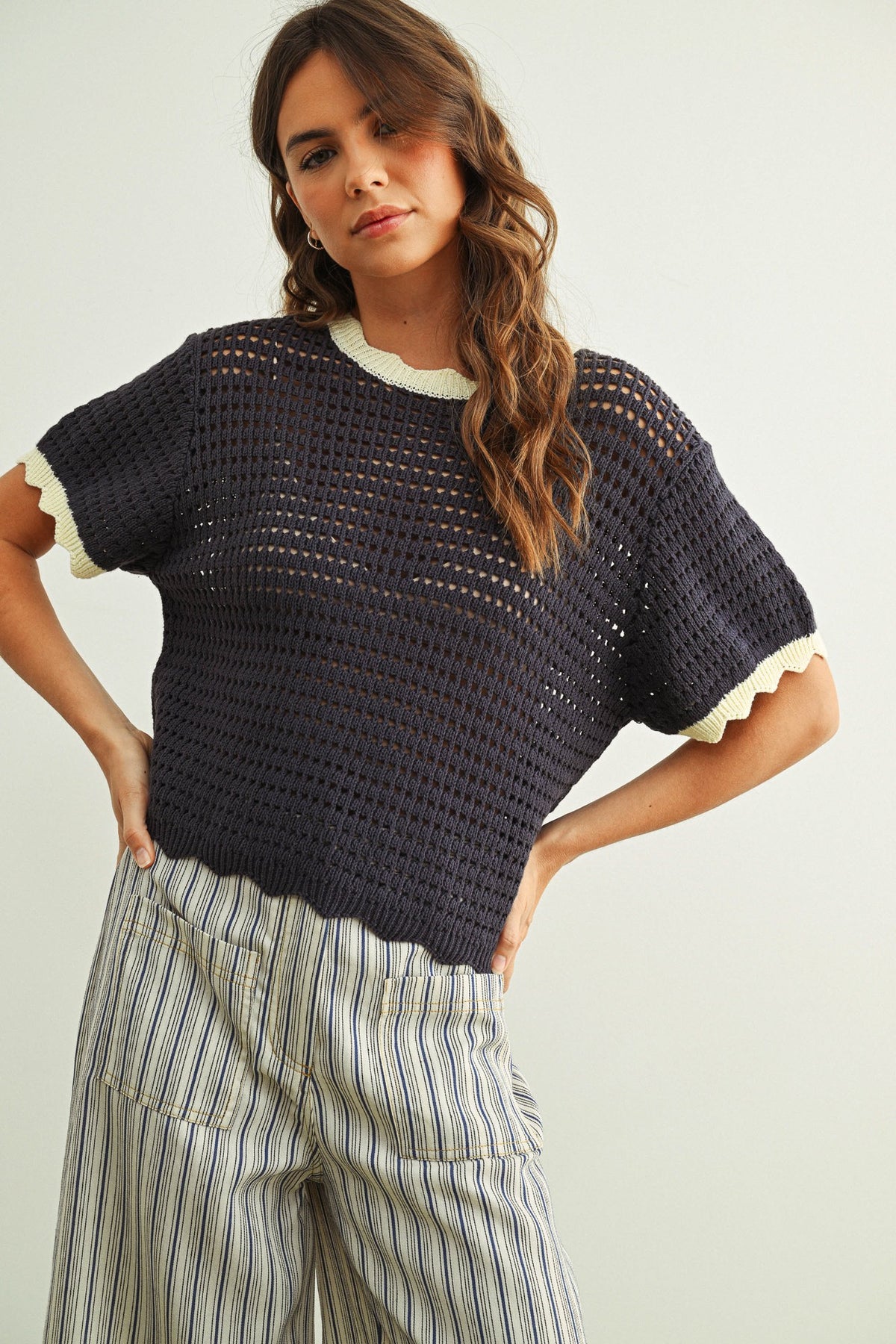 NYLAND Eliska Scalloped Knitted Top Navy