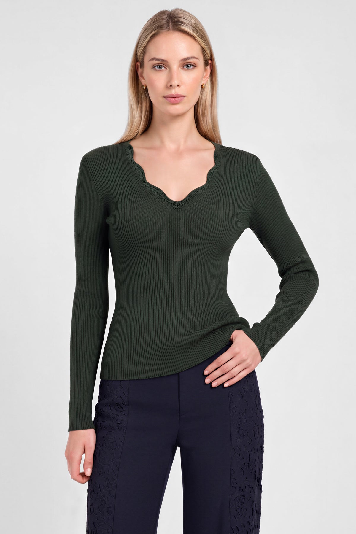 NYLAND Evalina Ribbed Knit Scallop-Neck Top Green