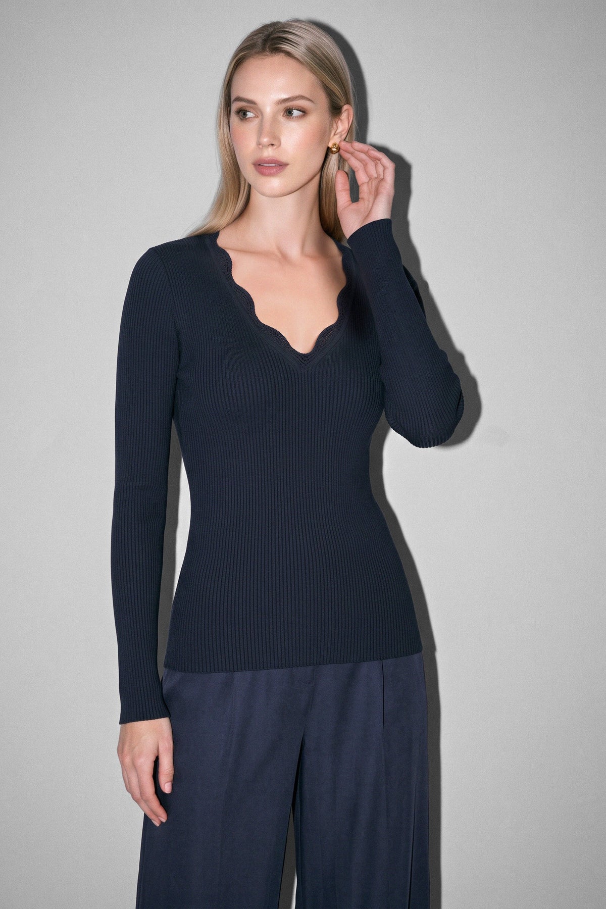 NYLAND Evalina Ribbed Knit Scallop-Neck Top Navy