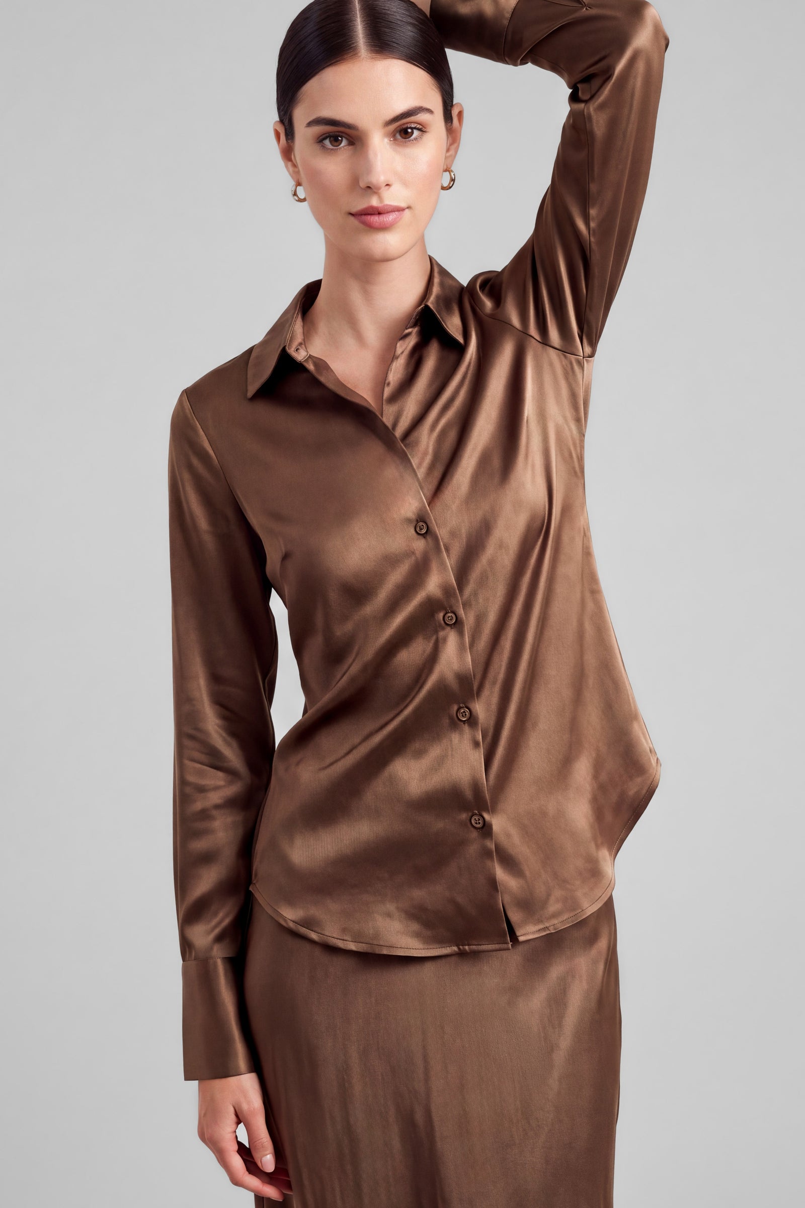 NYLAND Fable Satin Button Down Shirt Brown