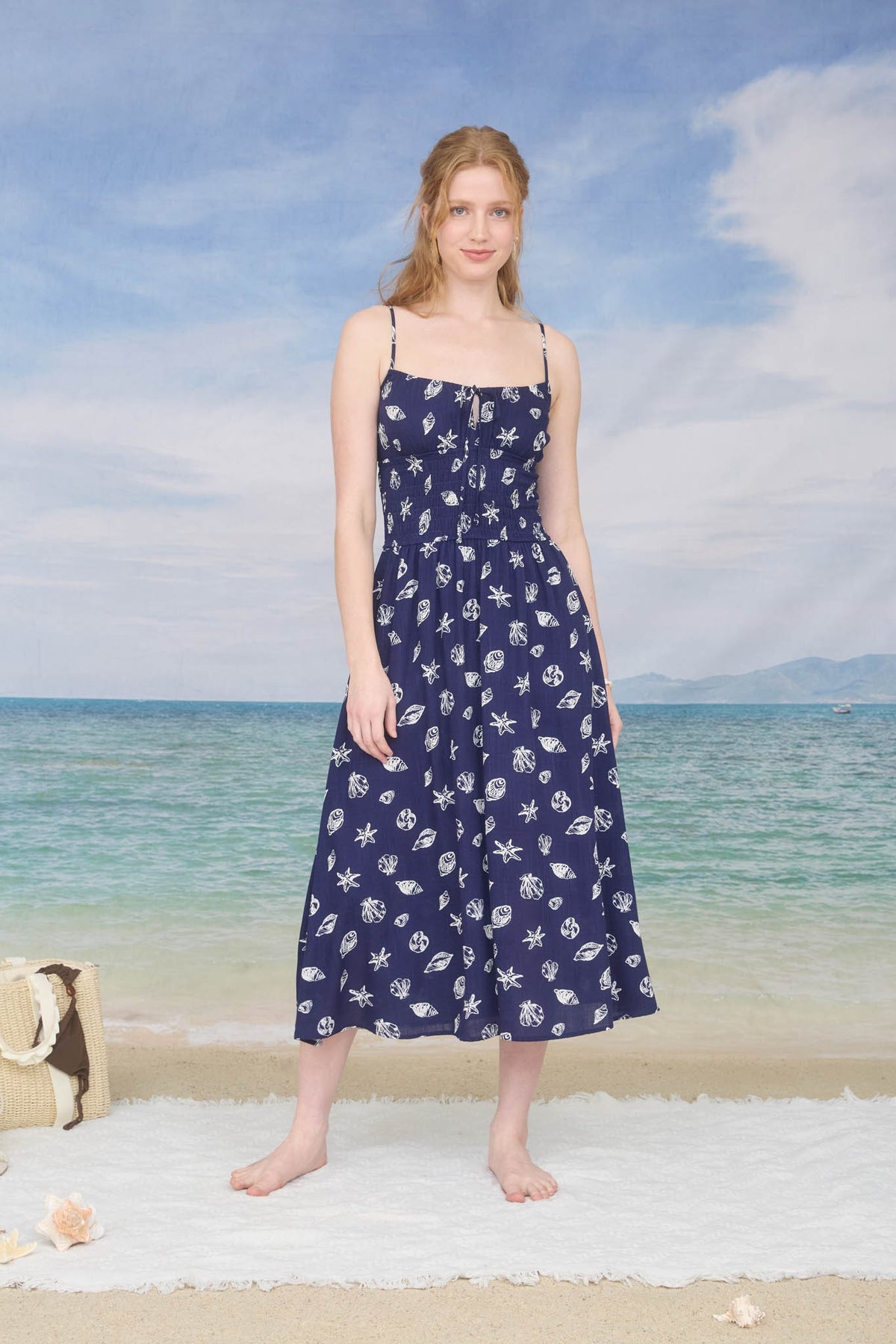 nautical dress NYLAND Kehlani Nautical Motif Spaghetti Strap Shirred Midi Dress Navy / M