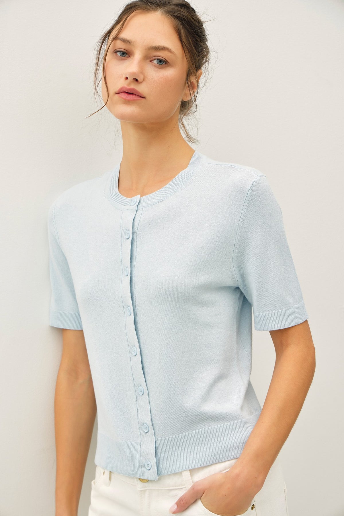 NYLAND Keturah Basic Crew Neck Short Sleeve Cardigan Sea Foam
