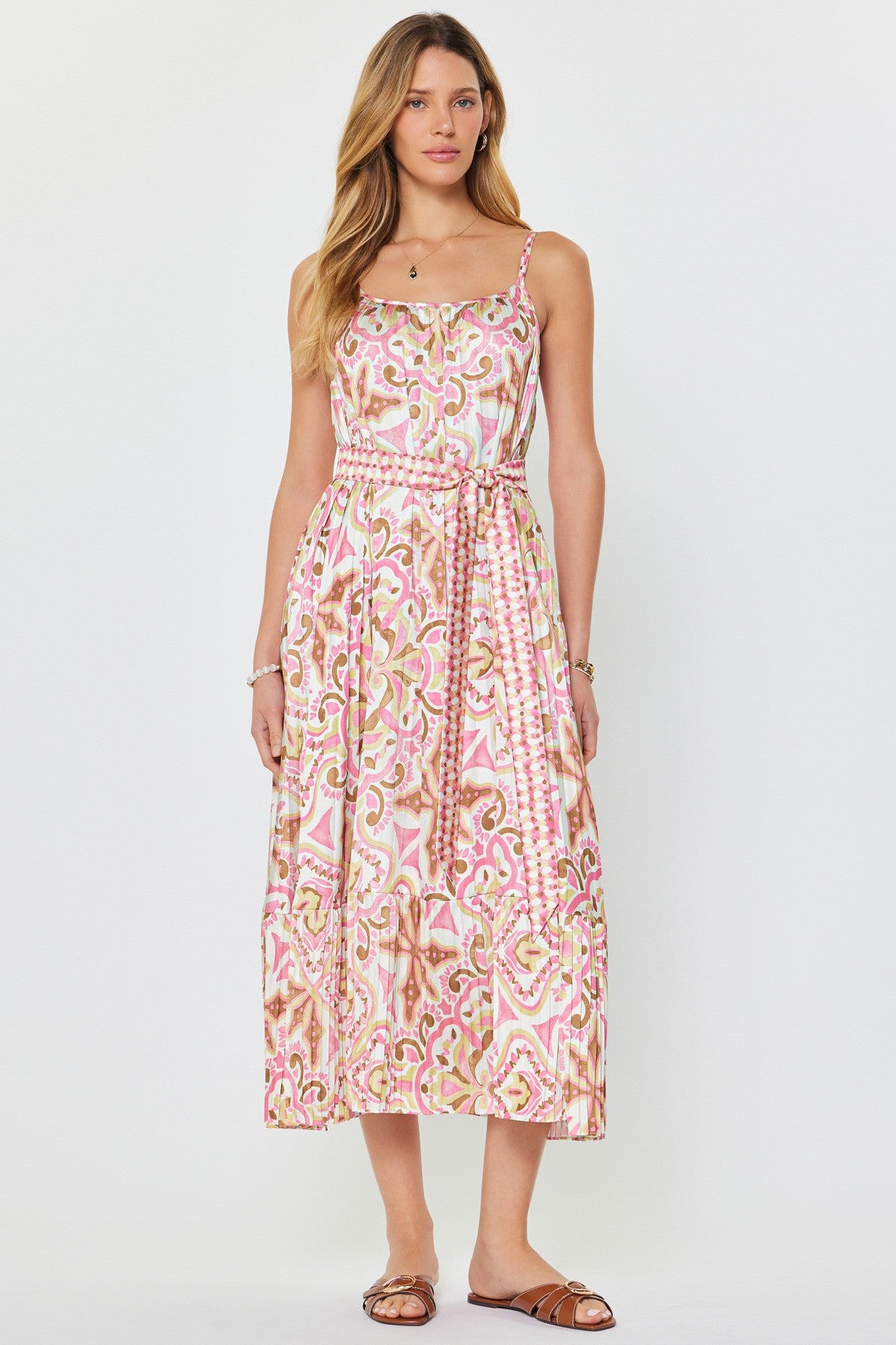 NYLAND Laila Printed Tiered Midi Dress Pinnk