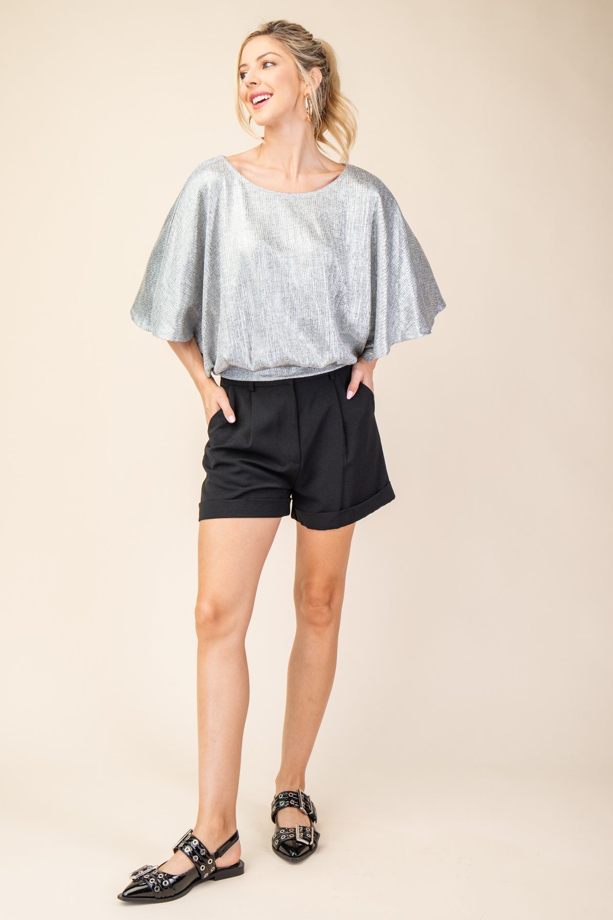 NYLAND Laurel Elbow Length Knit Top Silver