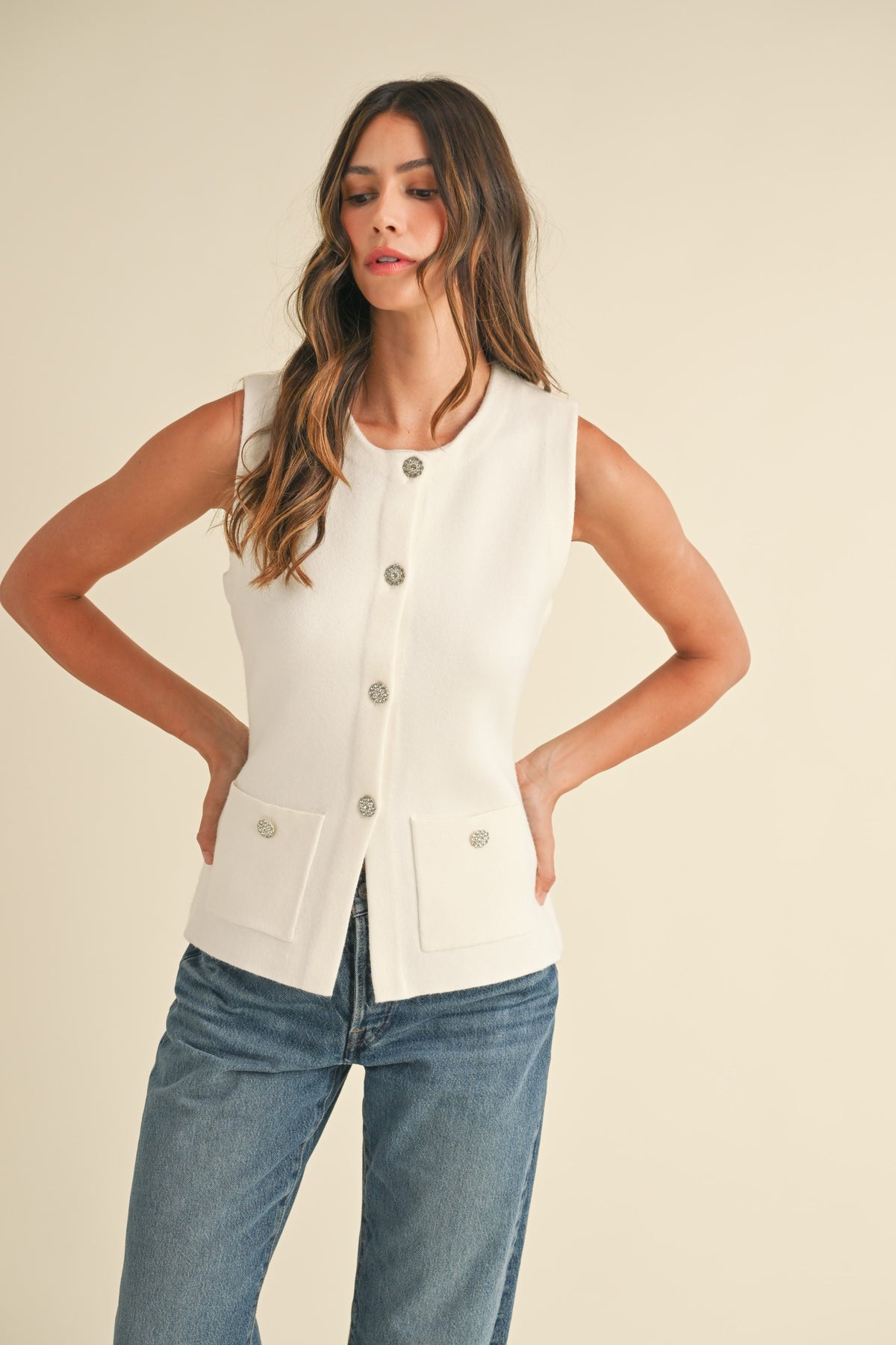 NYLAND Lorelei Crystal Button Sweater Vest Cream