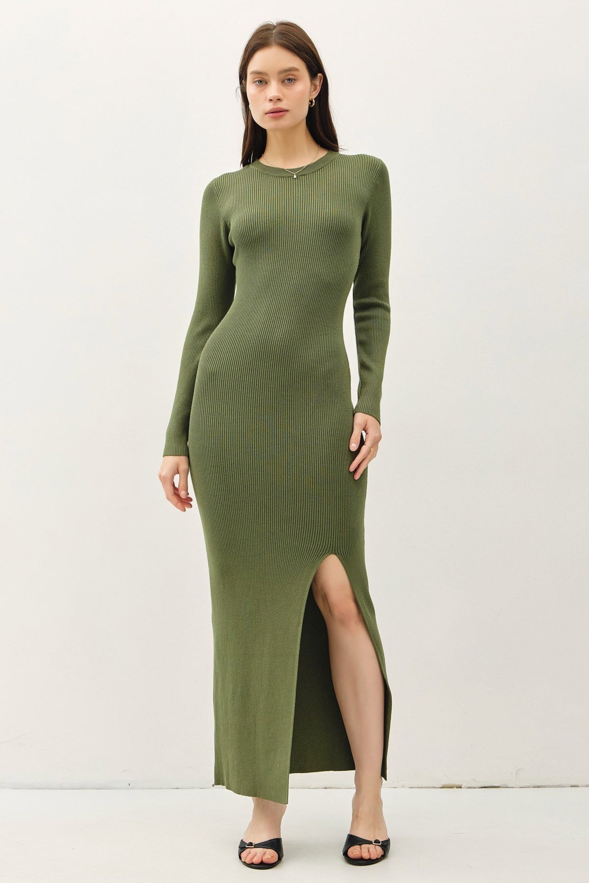 NYLAND Mira LS Maxi Sweater Dress w/ Slit Pine