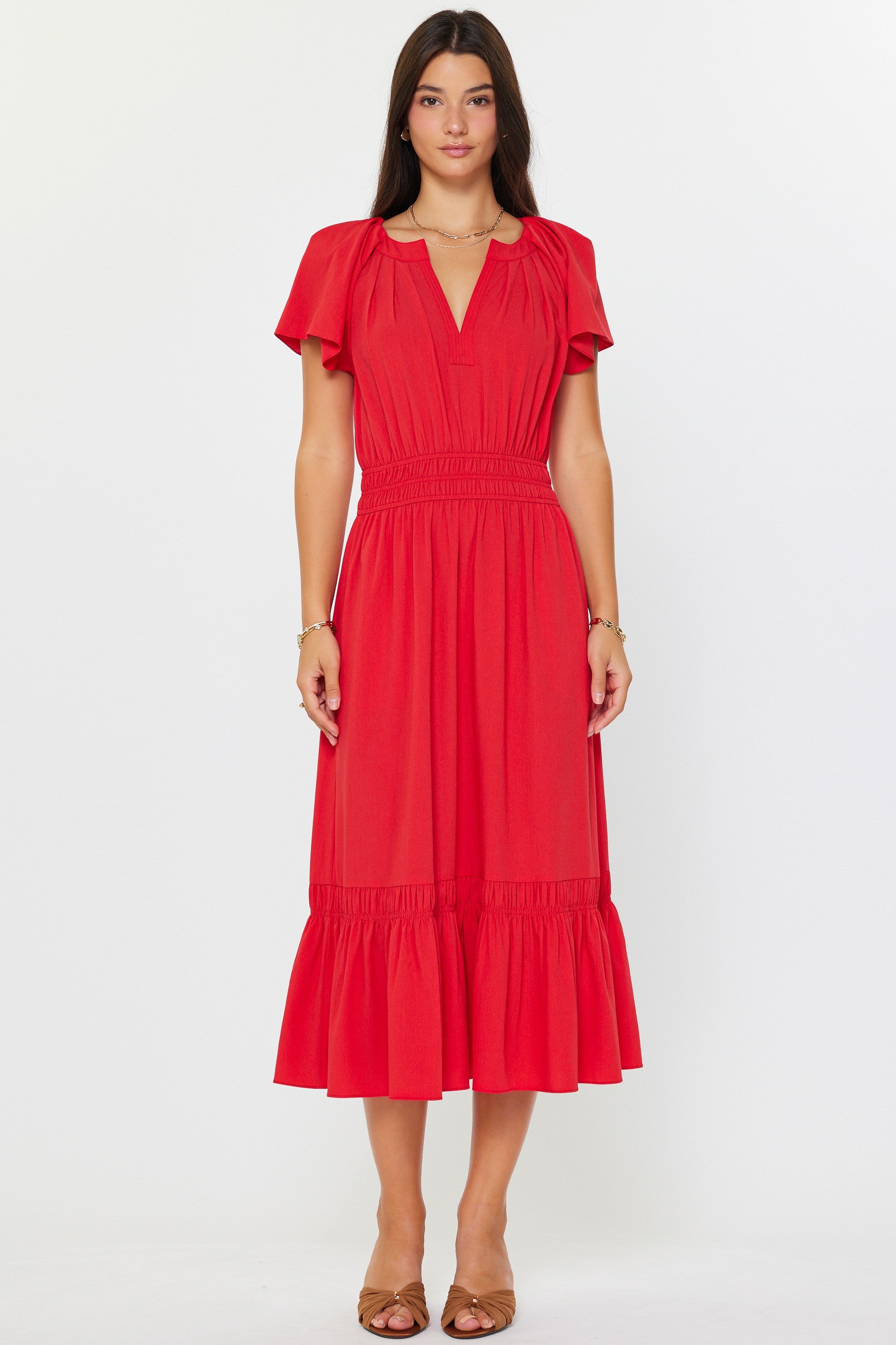 split neck midi dress NYLAND Rosa Pleated Split Neck Dress Red / L