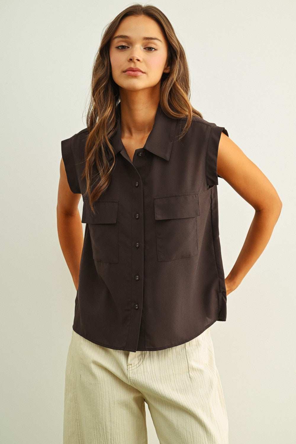 NYLAND Ziva Front Pocket Sleeveless Chiffon Blouse Espresso