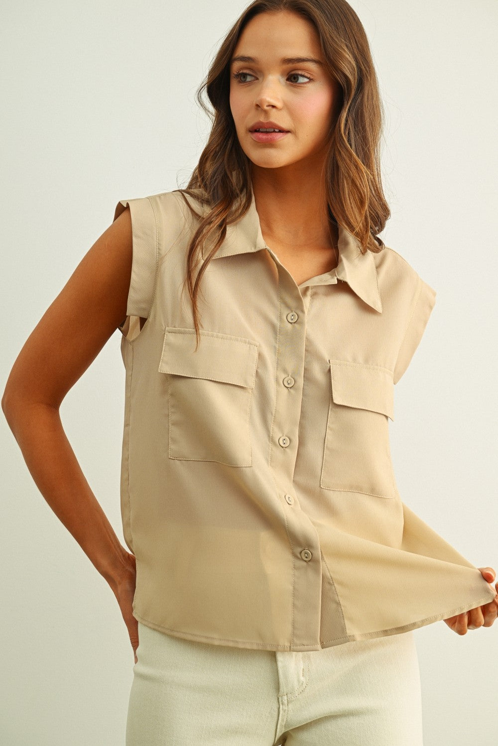 NYLAND Ziva Front Pocket Sleeveless Chiffon Blouse Espresso