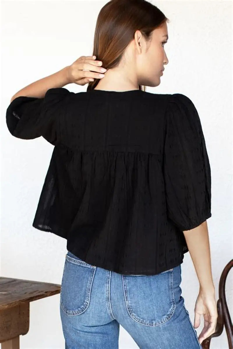 EMERSON FRY Puff Isla Top in Black Beauty Cotton Dobby Jacquard