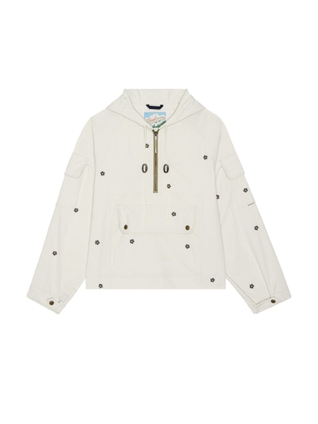 THE GREAT. The Embroidered Cropped Trailhead Pullover in Cream w/ Black Daisy