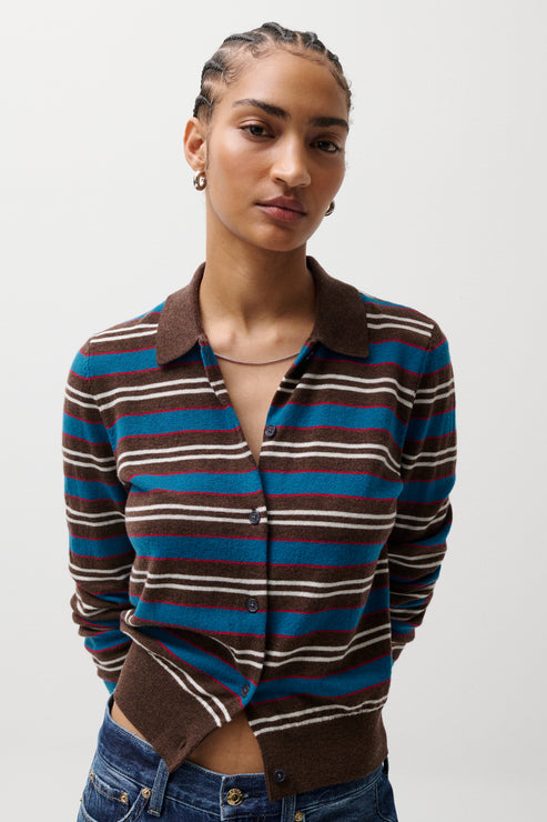 PISTOLA Lyvia Long Sleeve Merino Polo Cardigan Tealwood Stripe