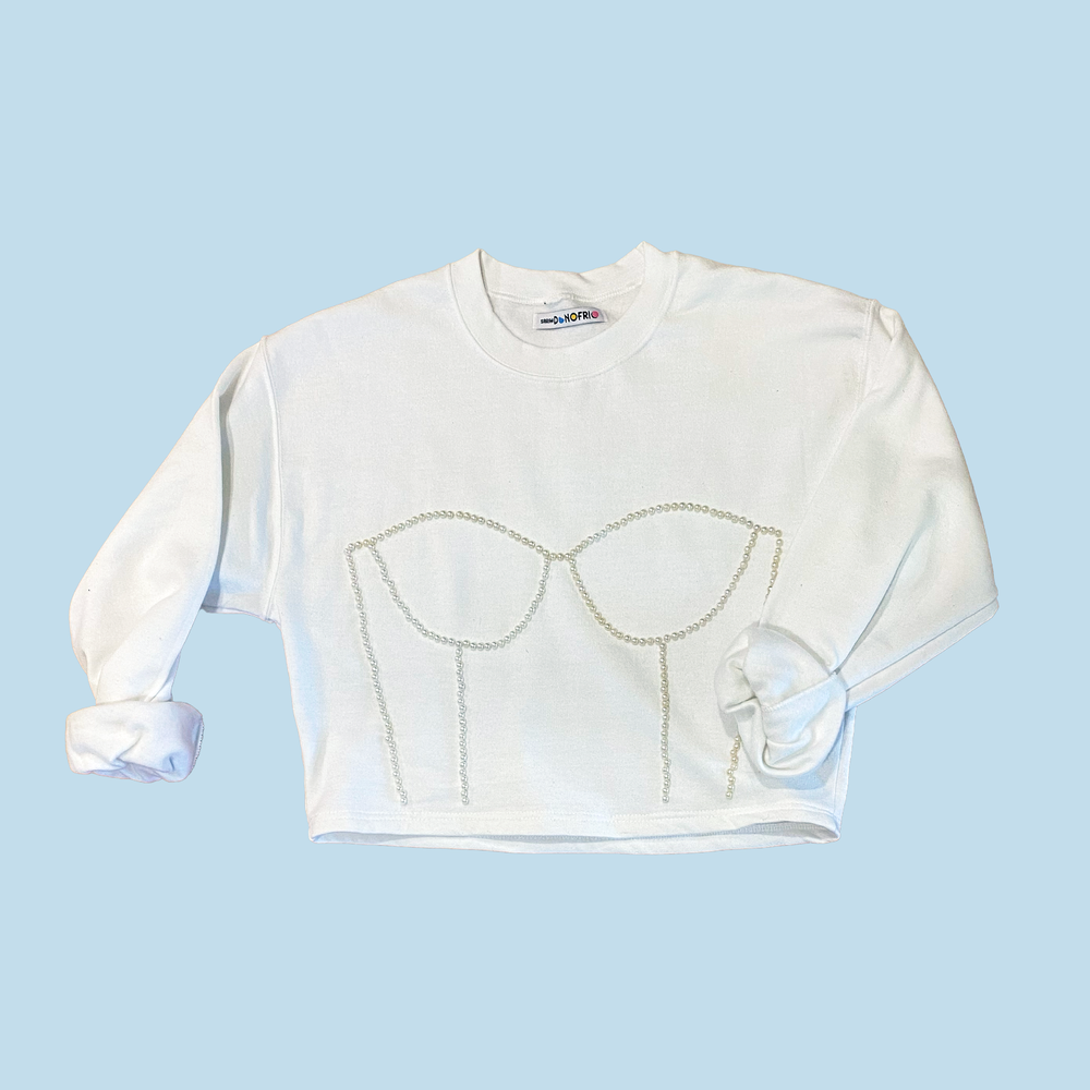 Sarah Donofrio Cropped Pearl Corset Embroidered Sweatshirt White Ivory Pearl