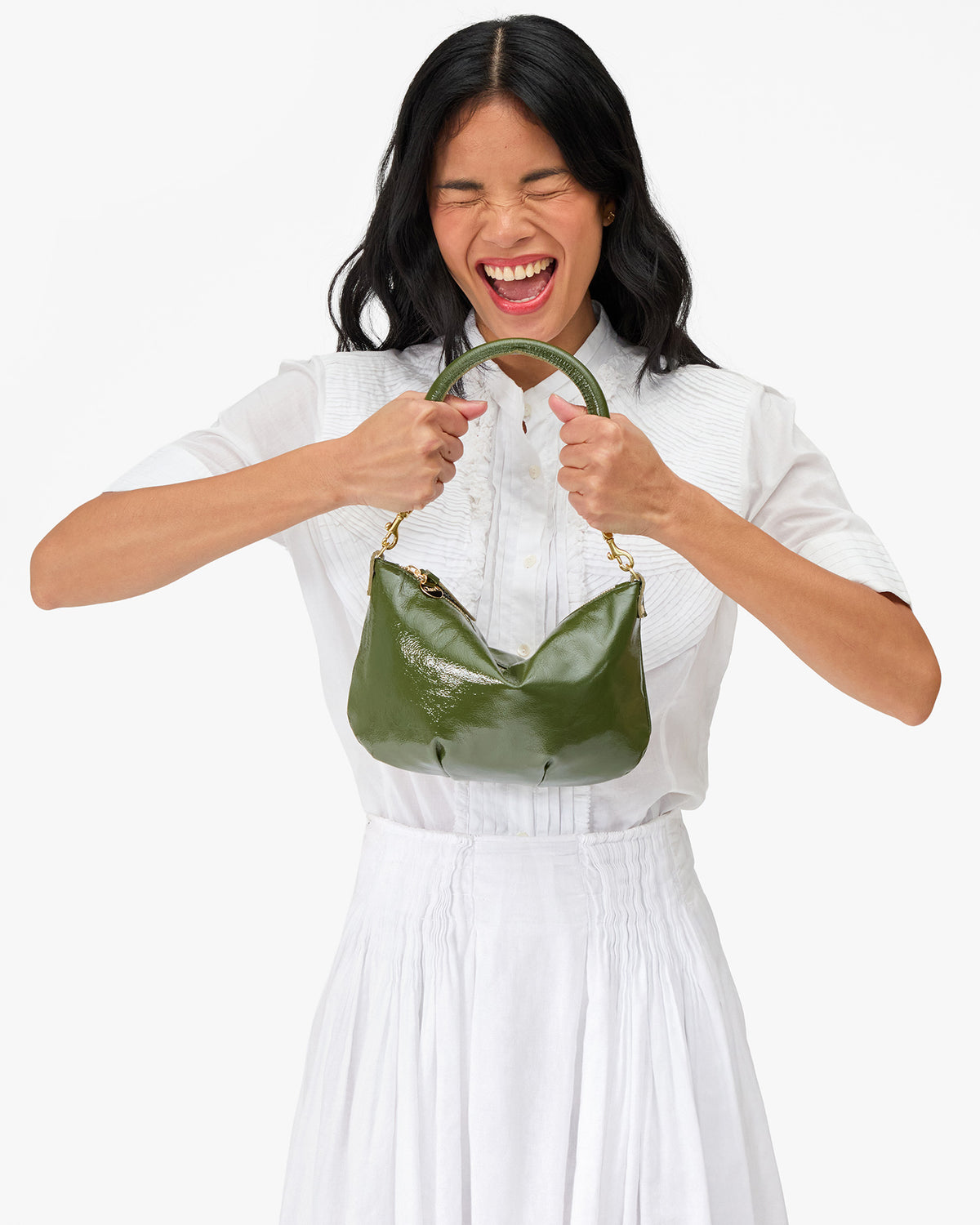 Clare V. Petit Moyen Messenger - Crinkle Patent in Army