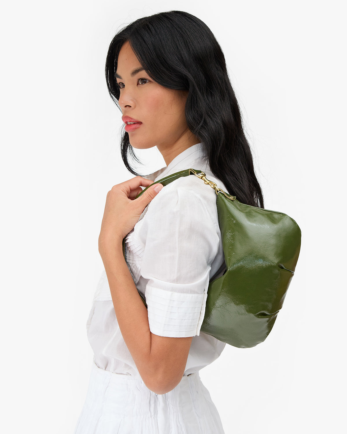Clare V. Petit Moyen Messenger - Crinkle Patent in Army