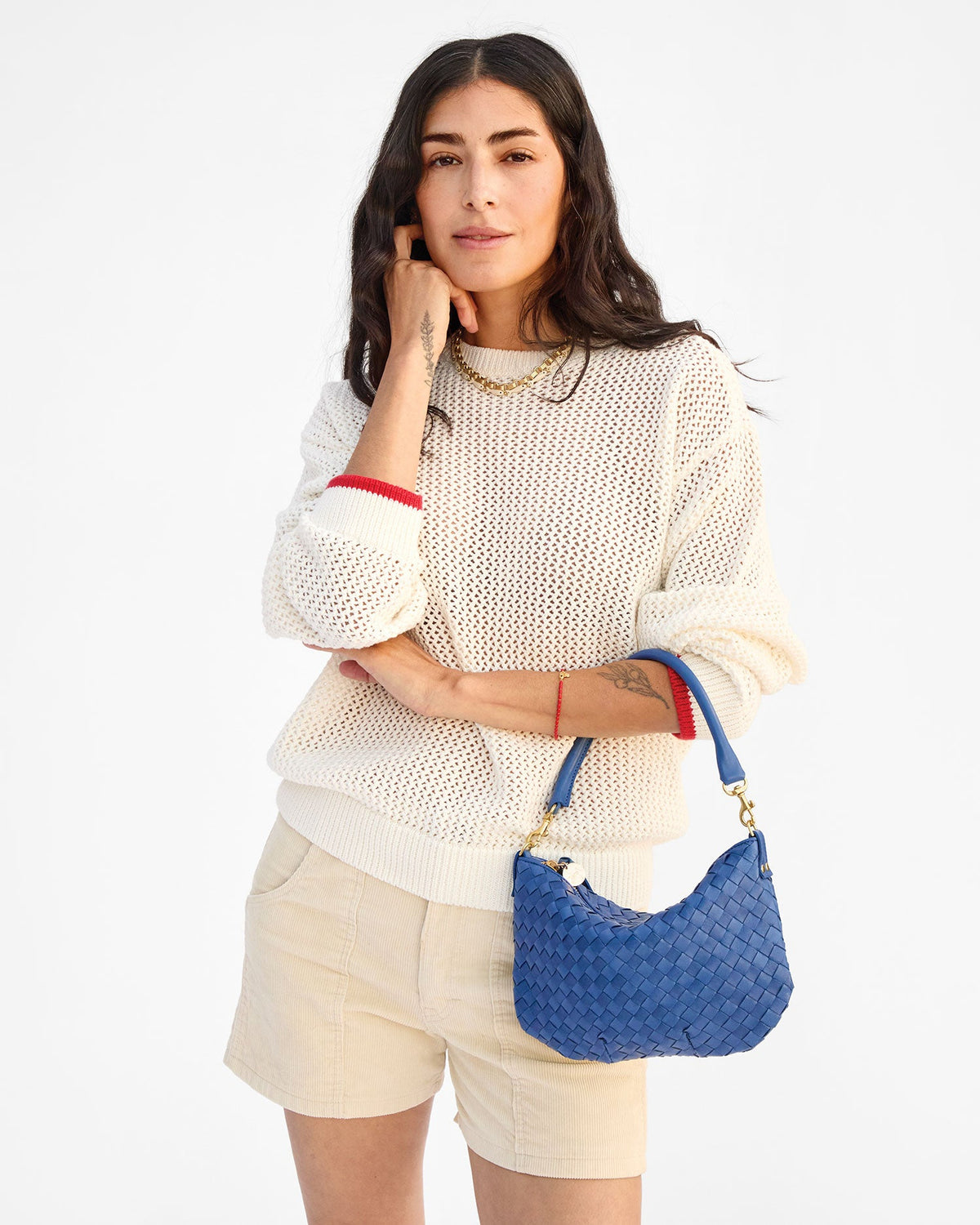 Clare V. Petit Moyen Messenger - Medium Woven Diagonal in French Blue