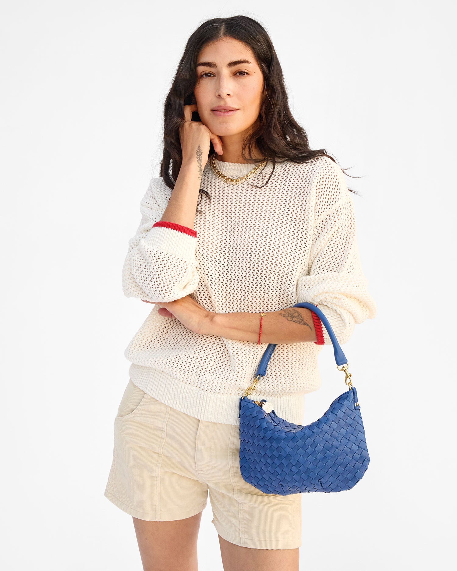 Clare V. Petit Moyen Messenger - Medium Woven Diagonal in French Blue