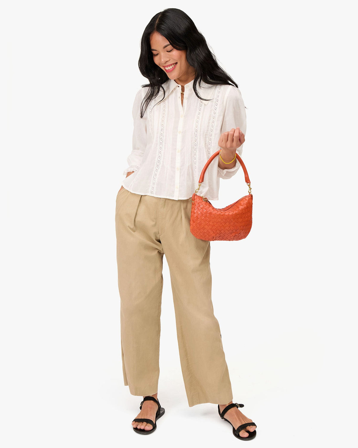 Clare V. Petit Moyen Messenger - Medium Woven Diagonal - Saltillo