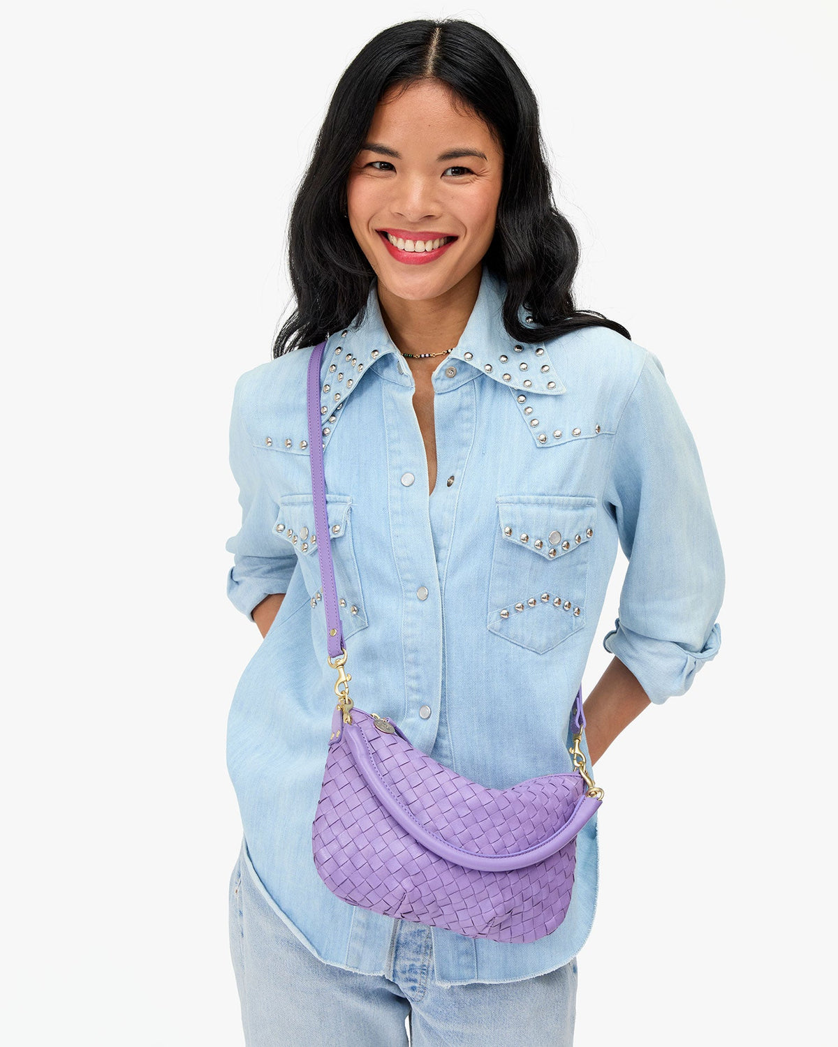 Clare V. Petit Moyen Messenger - Medium Woven Diagonal - Jacaranda