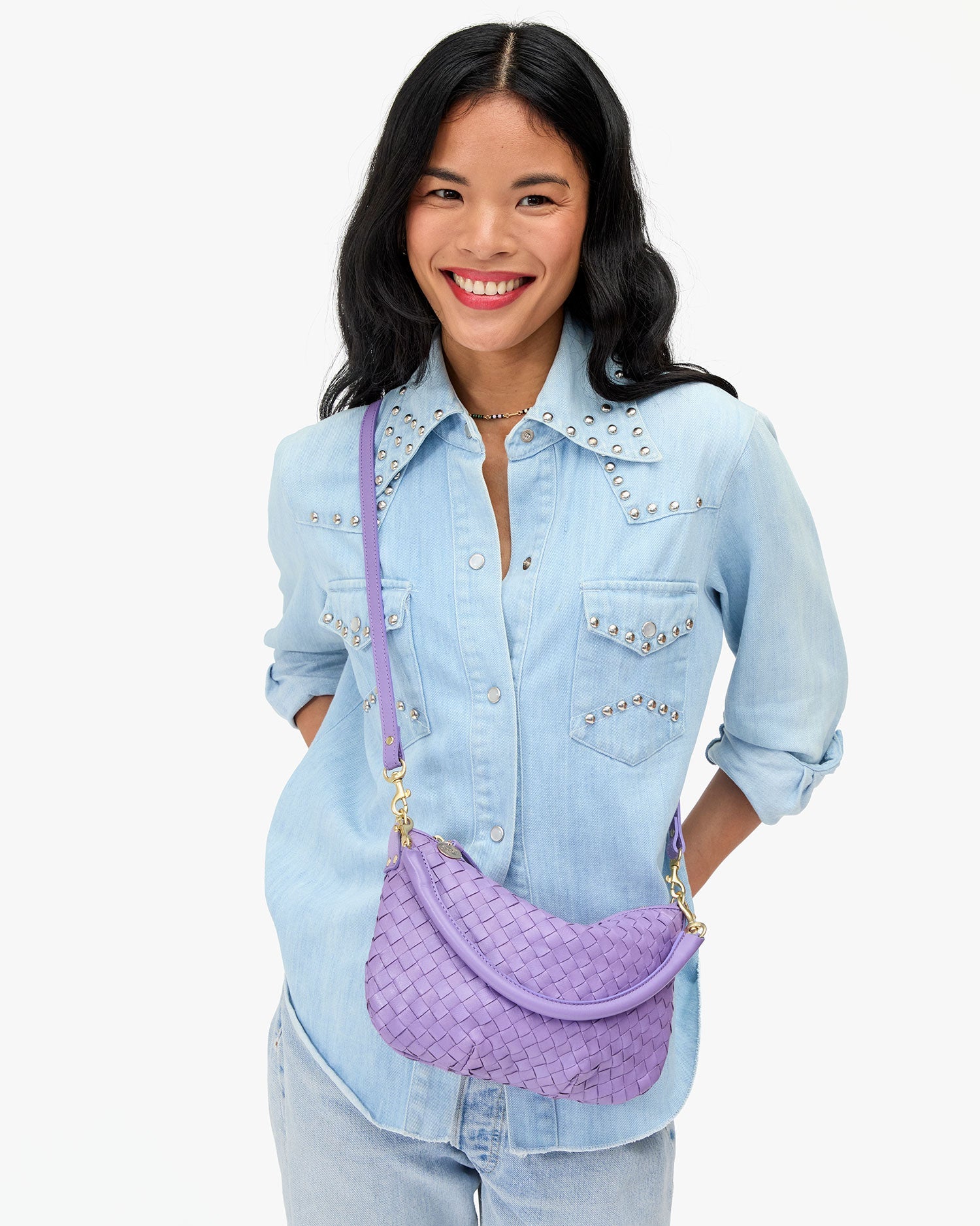 Clare V. Petit Moyen Messenger - Medium Woven Diagonal - Jacaranda