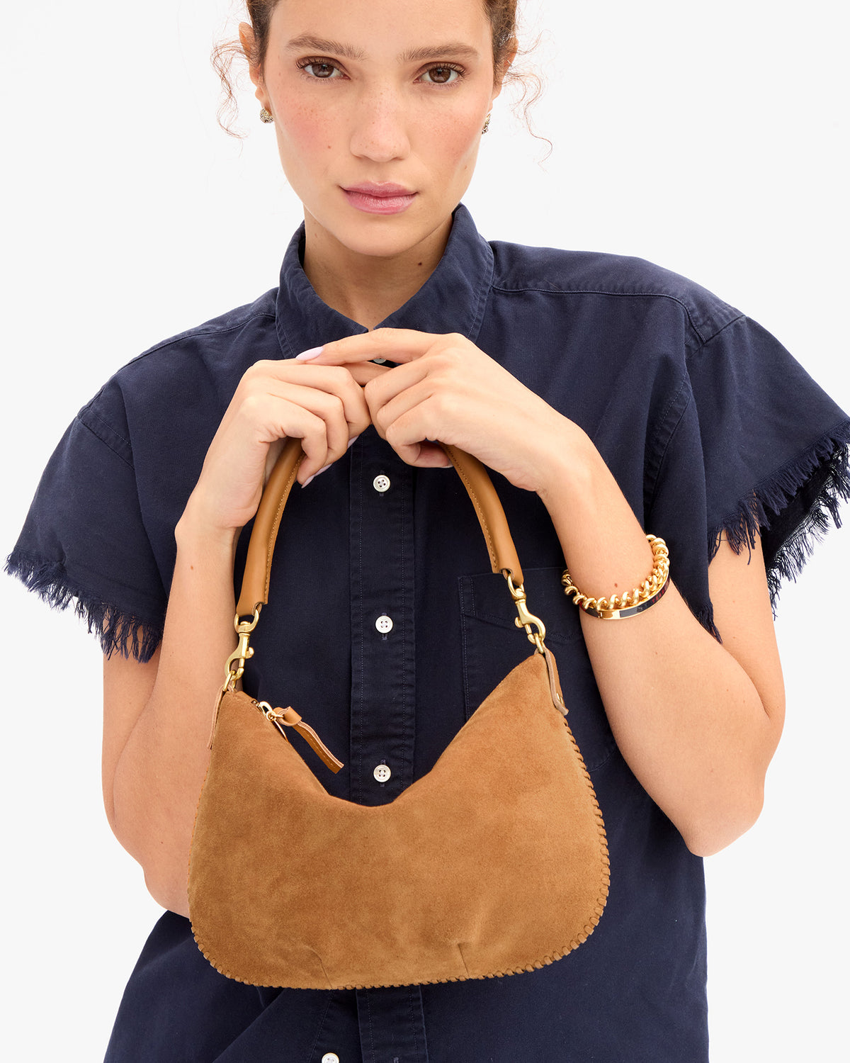 Clare V. Petit Moyen Messenger - Suede with Whipstitch in Caramel
