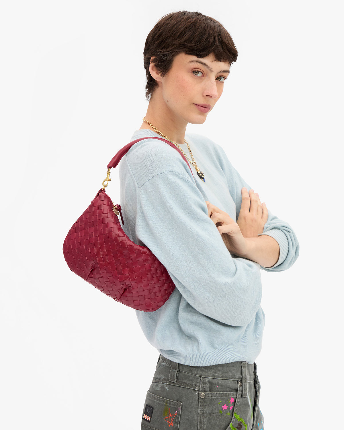 Clare V. Petit Moyen Messenger - Medium Woven Diagonal - Garnet