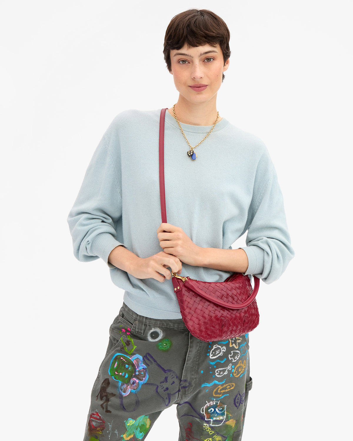 Clare V. Petit Moyen Messenger - Medium Woven Diagonal - Garnet