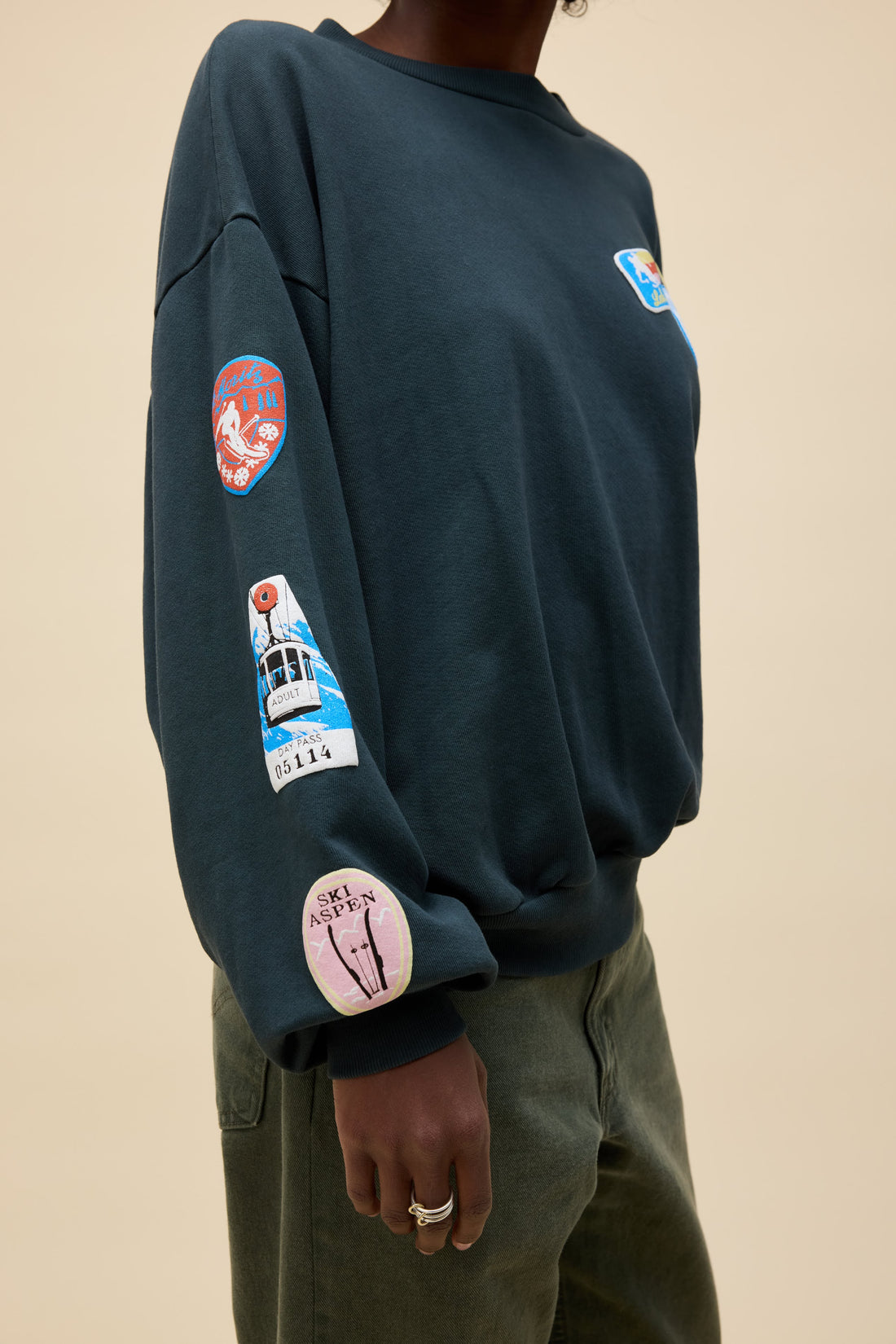 DAYDREAMER Ski Patch &amp; Pass Collector Oversized Crew Sweatshirt