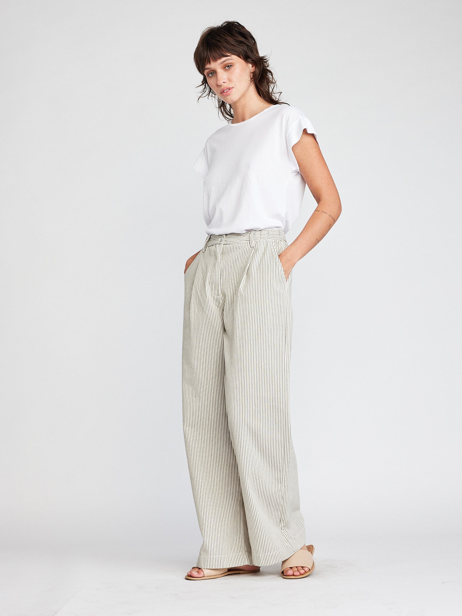 Self Contrast Caroline Pants in Kelp Stripes