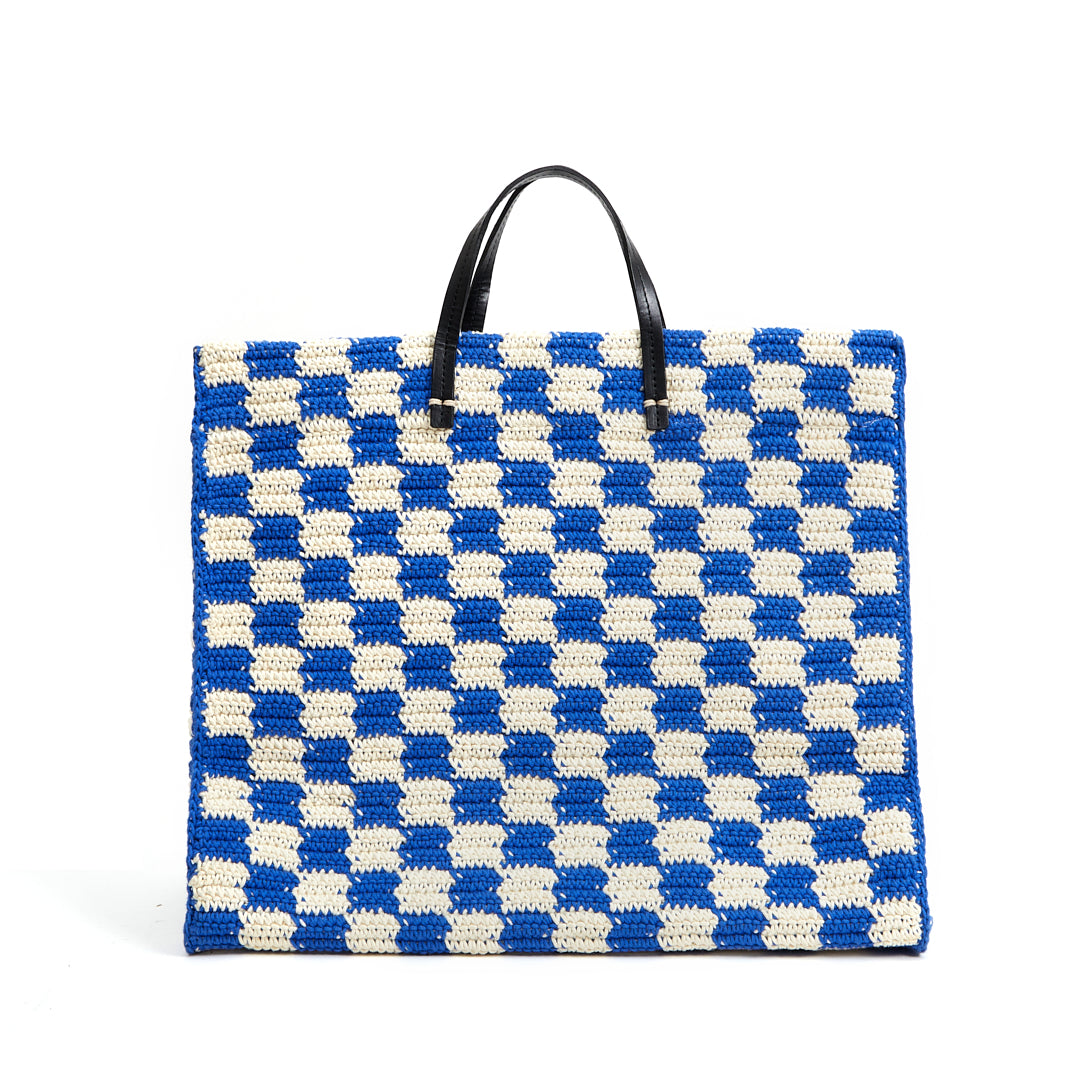 Clare V. Summer Simple Tote Cobalt Cream Crochet Checkers