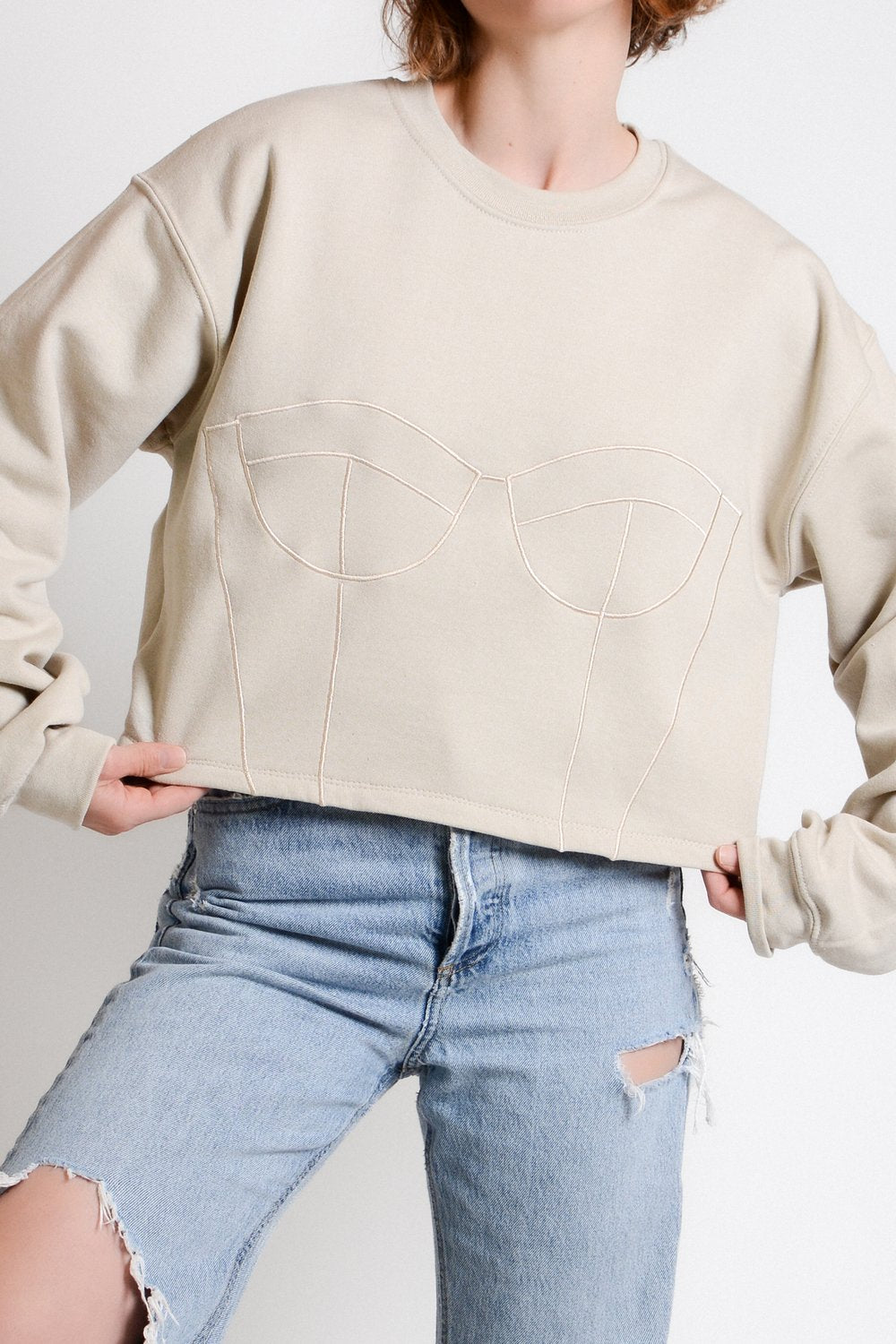 Sarah Donofrio Cropped Corset Embroidered Sweatshirt Beige on Beige