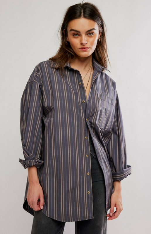Free People Freddie Striped Shirt Grey Combo