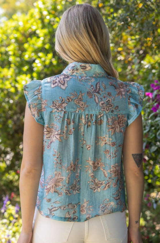 DEON Quarter-Zip Contrast Stripe Floral Printed Top