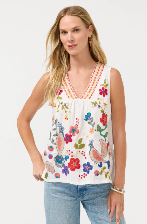 Johnny Was Collection V-Neck Shirred Linen Tank - Estrella