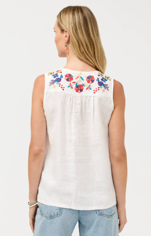 Johnny Was Collection V-Neck Shirred Linen Tank - Estrella