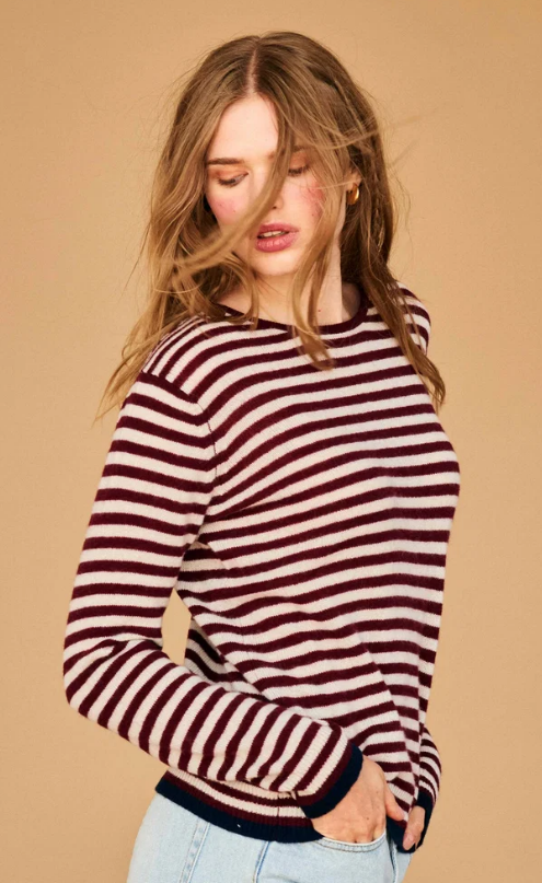 Jumper 1234 Tipped Little Stripe Crew in Burgundy Limestone New Navy