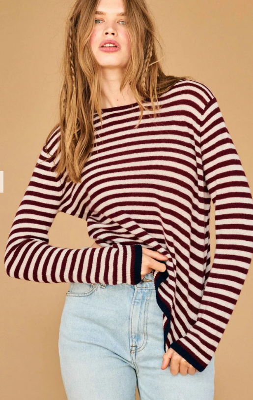 Jumper 1234 Tipped Little Stripe Crew in Burgundy Limestone New Navy