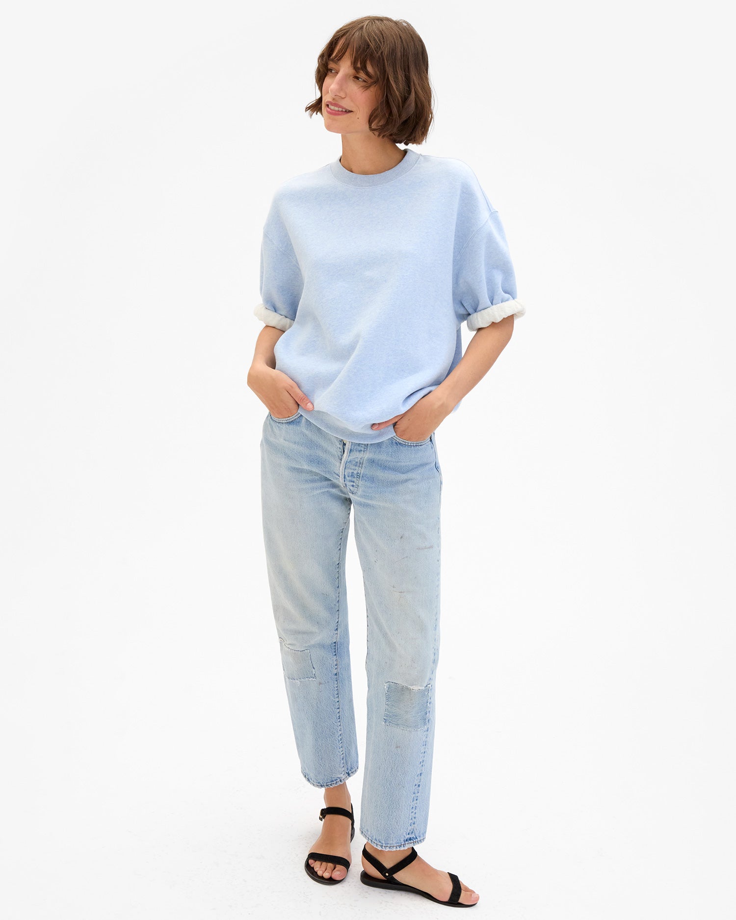 
Clare V. Short Sleeve Oversized Sweatshirt in Heather Blue
