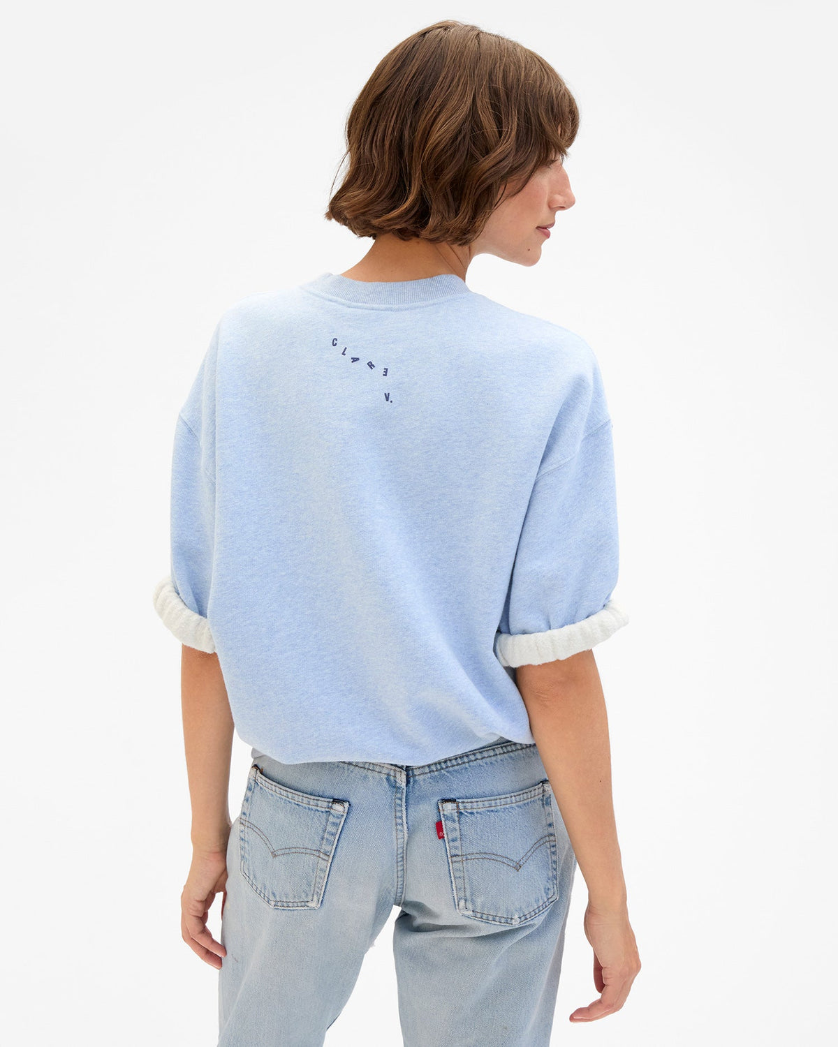 Clare V. Short Sleeve Oversized Sweatshirt in Heather Blue