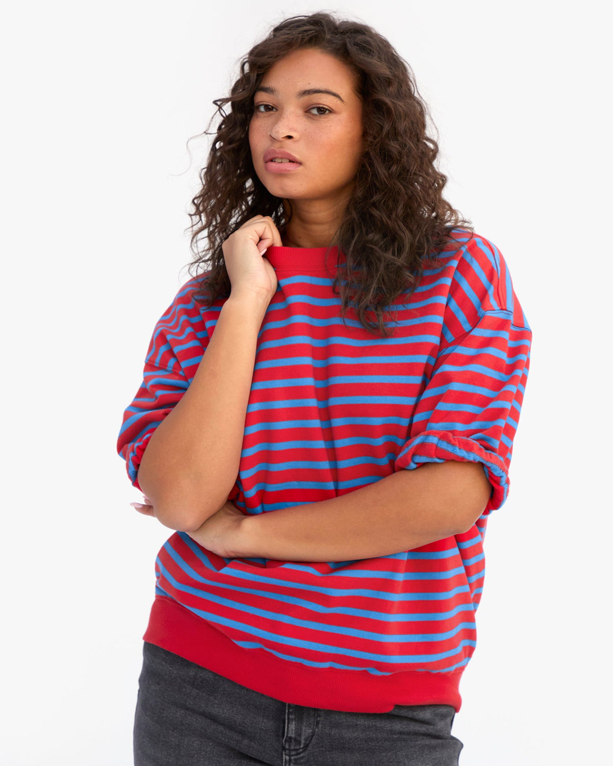Clare V. Short Sleeve Oversized Sweatshirt - Stripes in Red/Bright Cobalt