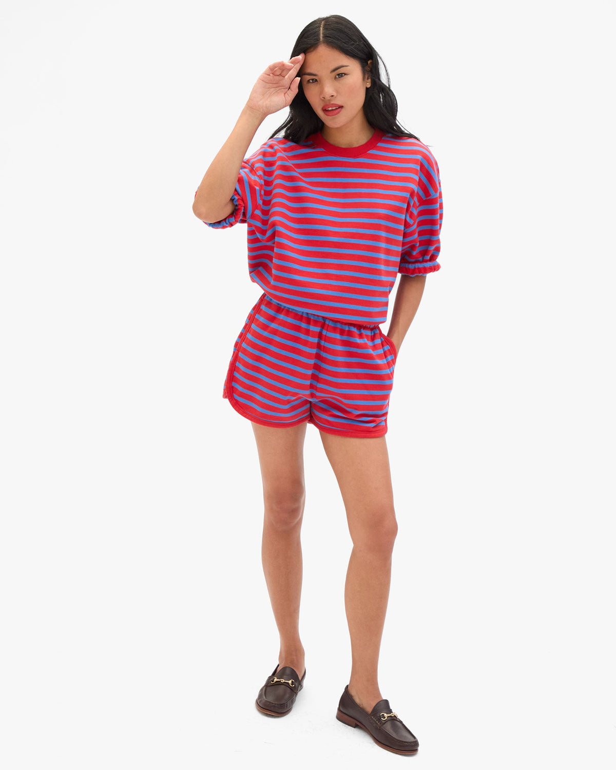 Clare V. Short Sleeve Oversized Sweatshirt - Stripes in Red/Bright Cobalt