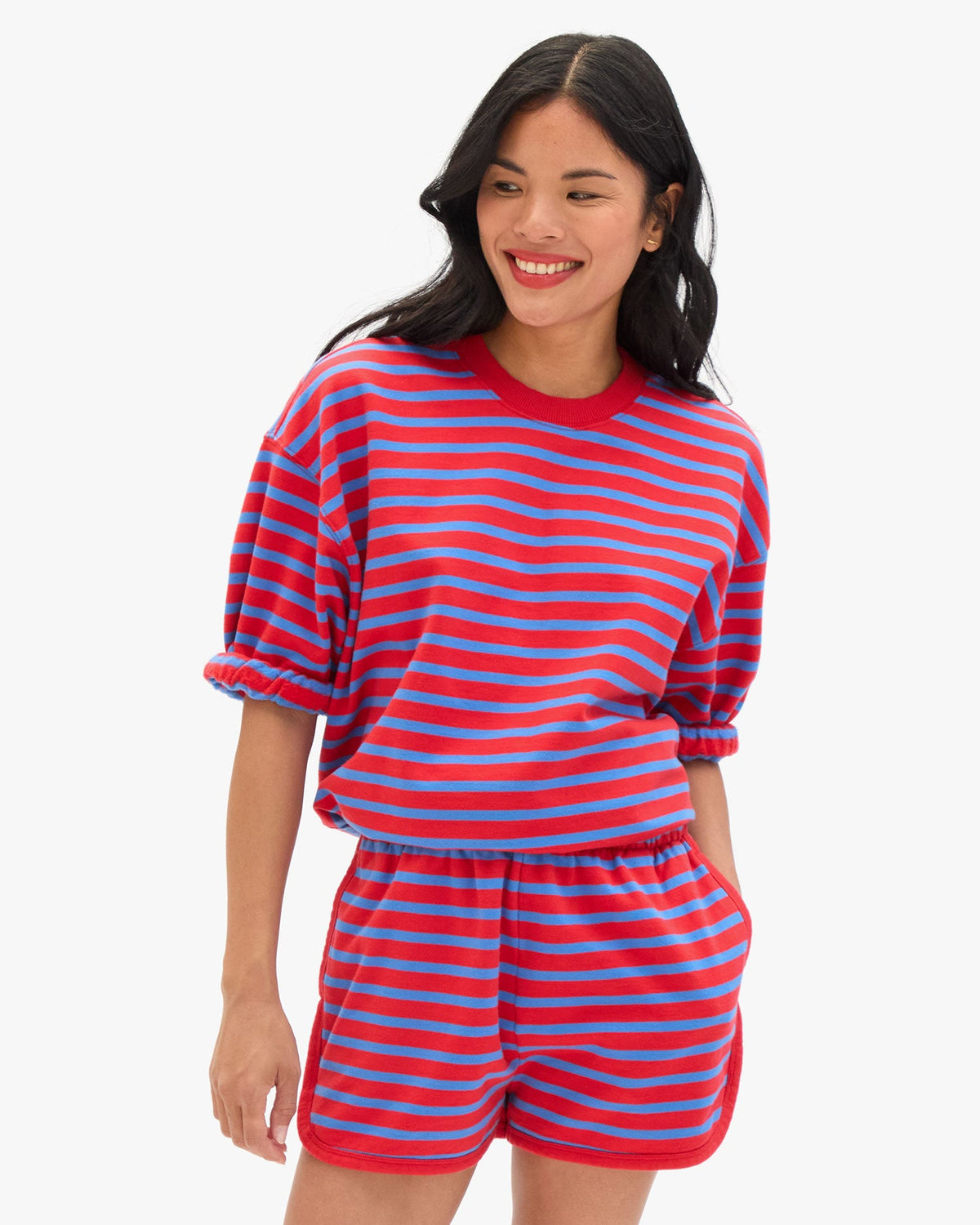 Clare V. Short Sleeve Oversized Sweatshirt - Stripes in Red/Bright Cobalt