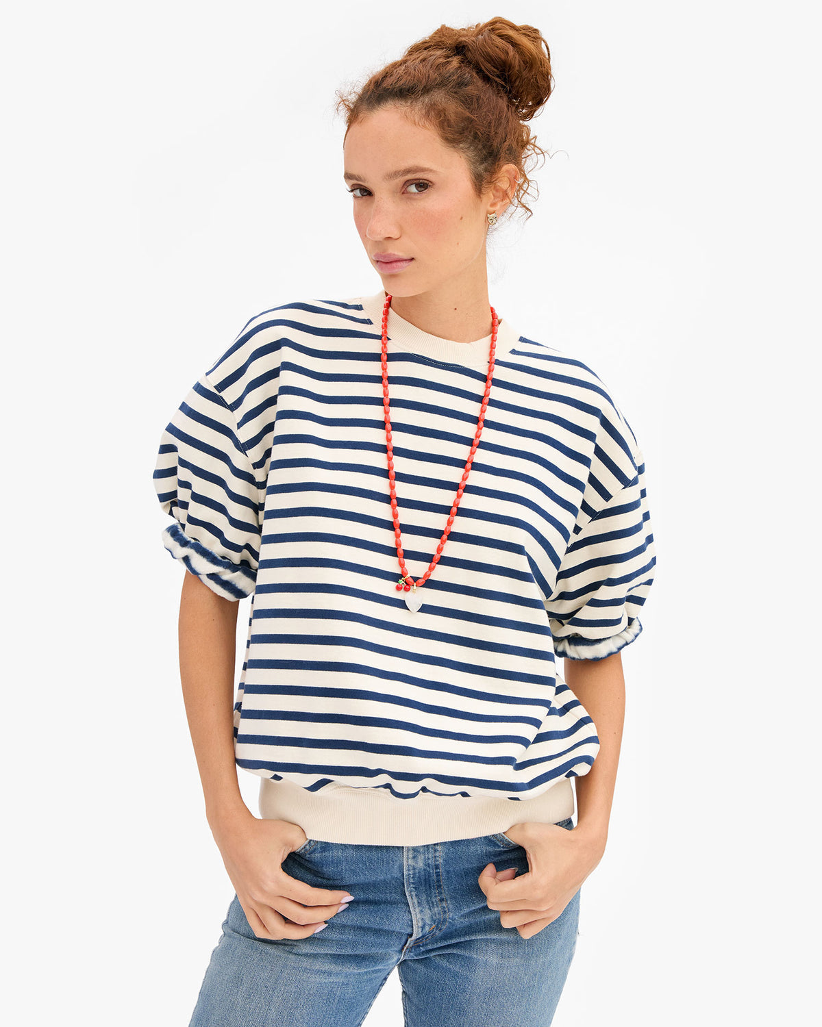 Clare V. Short Sleeve Oversized Sweatshirt - Stripes in Cream/Navy